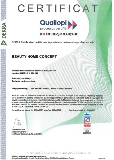 Certificat Qualiopi Beauty Home Concept